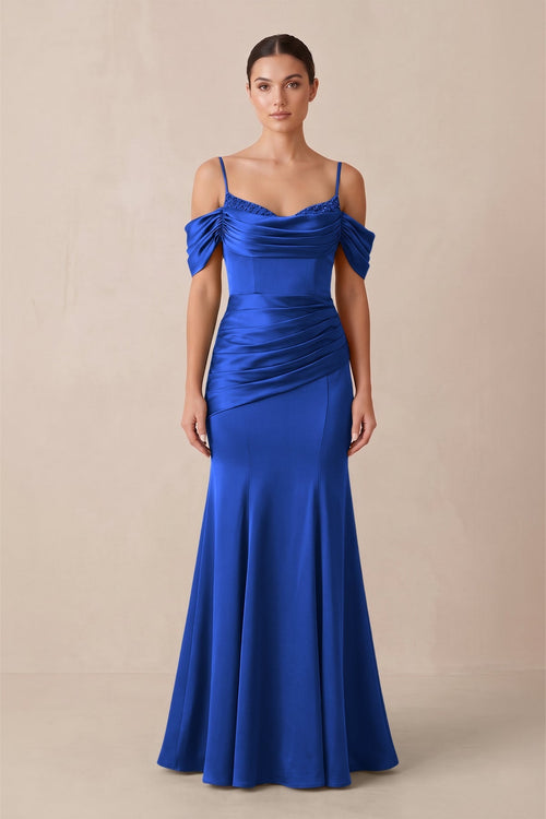 Off - the - Shoulder Mermaid Ruched Bridesmaid Dress in Royal Blue - KissProm Bridesmaid Dresses