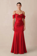 Off - the - Shoulder Mermaid Ruched Bridesmaid Dress in Ruby Red - KissProm Bridesmaid Dresses