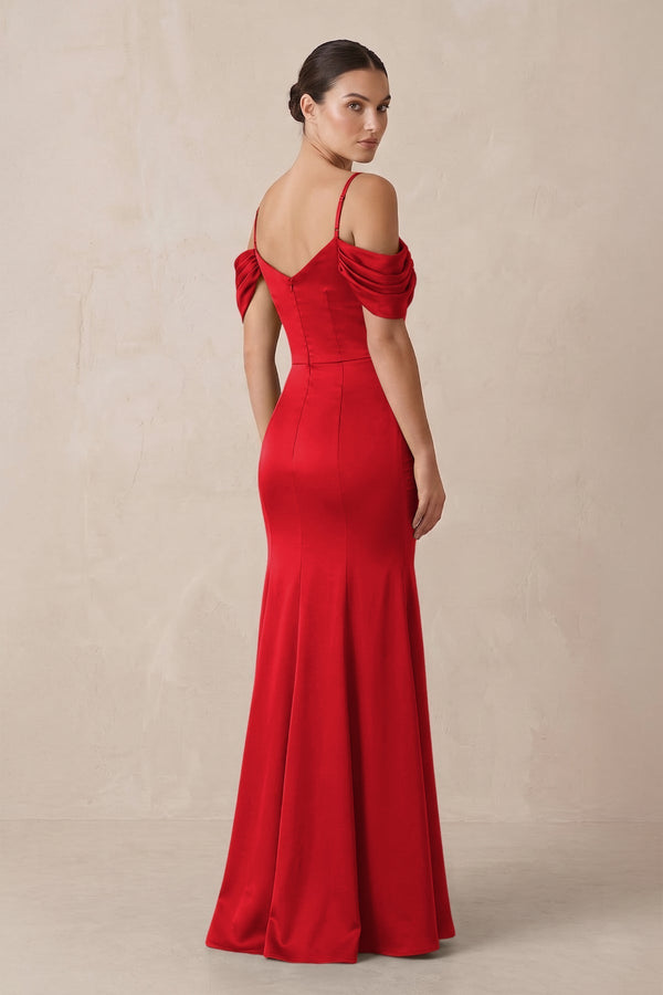 Off - the - Shoulder Mermaid Ruched Bridesmaid Dress in Ruby Red - KissProm Bridesmaid Dresses