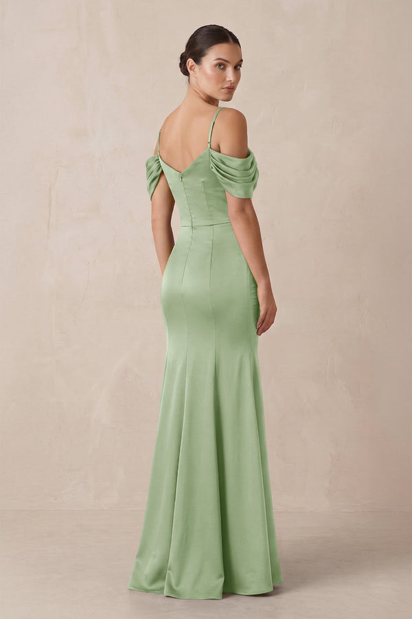 Off - the - Shoulder Mermaid Ruched Bridesmaid Dress in Sage - KissProm Bridesmaid Dresses