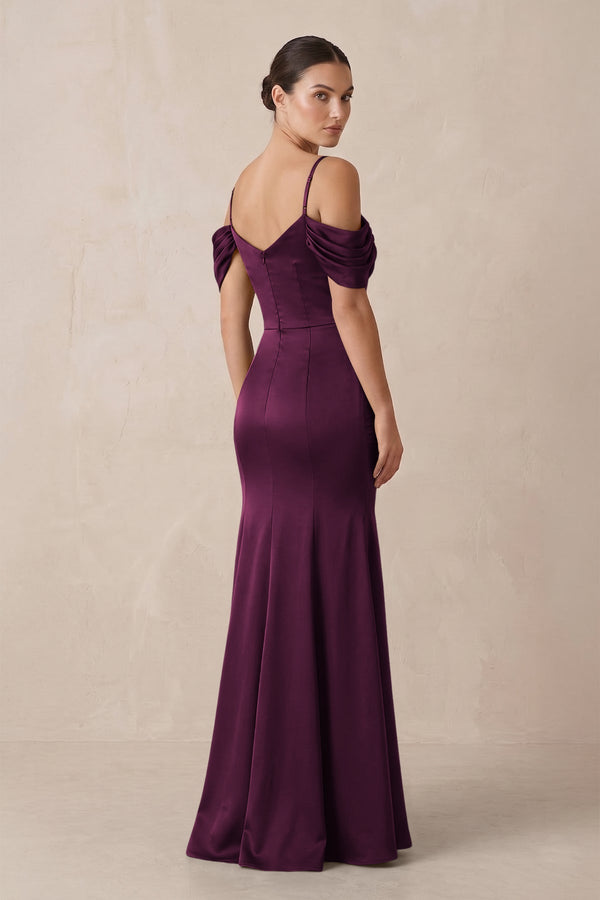 Off - the - Shoulder Mermaid Ruched Bridesmaid Dress in Sangria - KissProm Bridesmaid Dresses