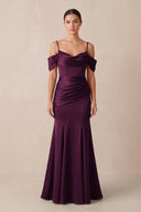 Off - the - Shoulder Mermaid Ruched Bridesmaid Dress in Sangria - KissProm Bridesmaid Dresses