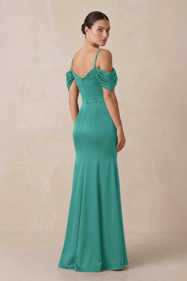 Off - the - Shoulder Mermaid Ruched Bridesmaid Dress in Sea Glass - KissProm Bridesmaid Dresses