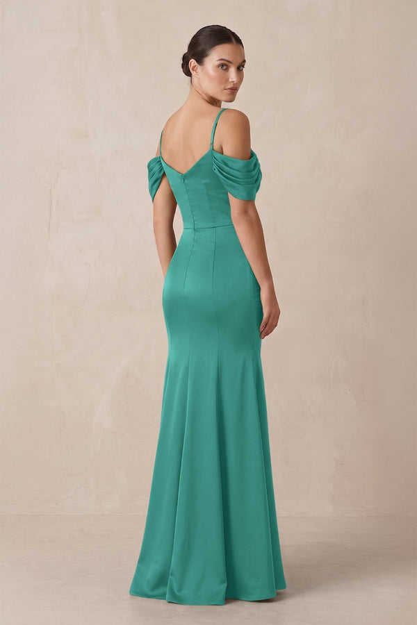 Off - the - Shoulder Mermaid Ruched Bridesmaid Dress in Sea Glass - KissProm Bridesmaid Dresses