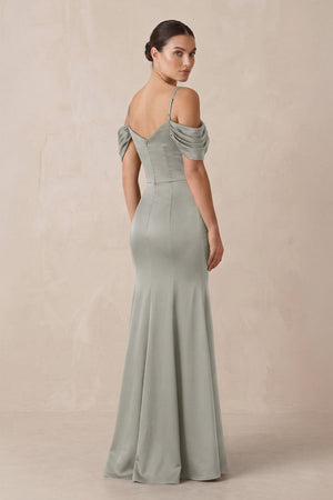 Off - the - Shoulder Mermaid Ruched Bridesmaid Dress in Silver - KissProm Bridesmaid Dresses