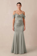 Off - the - Shoulder Mermaid Ruched Bridesmaid Dress in Silver - KissProm Bridesmaid Dresses