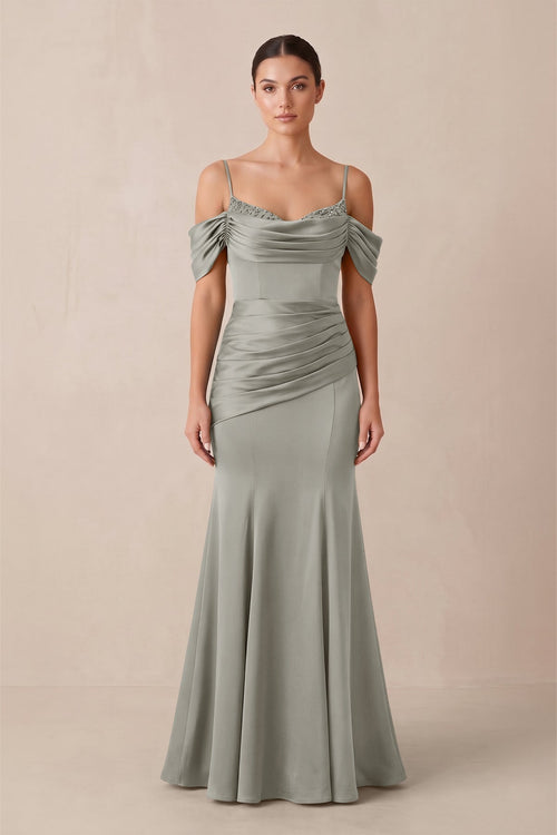 Off - the - Shoulder Mermaid Ruched Bridesmaid Dress in Silver - KissProm Bridesmaid Dresses
