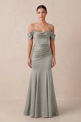 Off - the - Shoulder Mermaid Ruched Bridesmaid Dress in Silver - KissProm Bridesmaid Dresses