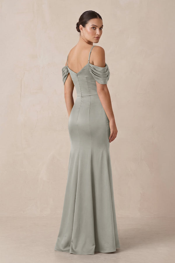 Off - the - Shoulder Mermaid Ruched Bridesmaid Dress in Silver - KissProm Bridesmaid Dresses