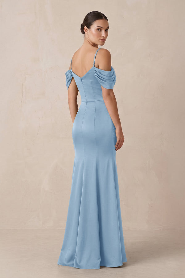 Off - the - Shoulder Mermaid Ruched Bridesmaid Dress in Sky Blue - KissProm Bridesmaid Dresses