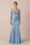 Off - the - Shoulder Mermaid Ruched Bridesmaid Dress in Sky Blue - KissProm Bridesmaid Dresses