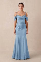 Off - the - Shoulder Mermaid Ruched Bridesmaid Dress in Sky Blue - KissProm Bridesmaid Dresses