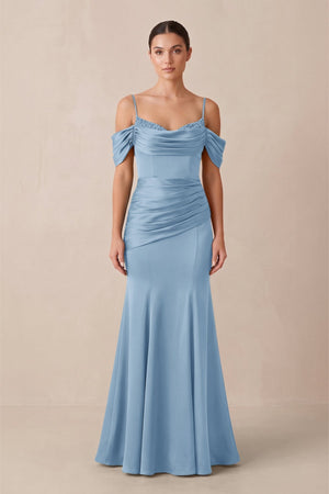 Off - the - Shoulder Mermaid Ruched Bridesmaid Dress in Sky Blue - KissProm Bridesmaid Dresses