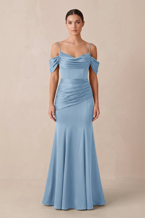 Off - the - Shoulder Mermaid Ruched Bridesmaid Dress in Sky Blue - KissProm Bridesmaid Dresses