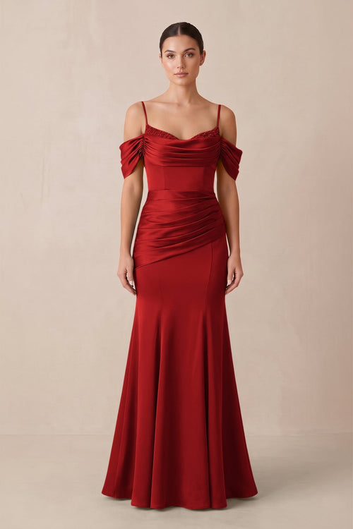 Off - the - Shoulder Mermaid Ruched Bridesmaid Dress in Spice - KissProm Bridesmaid Dresses