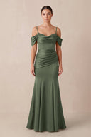 Off - the - Shoulder Mermaid Ruched Bridesmaid Dress in Thyme - KissProm Bridesmaid Dresses