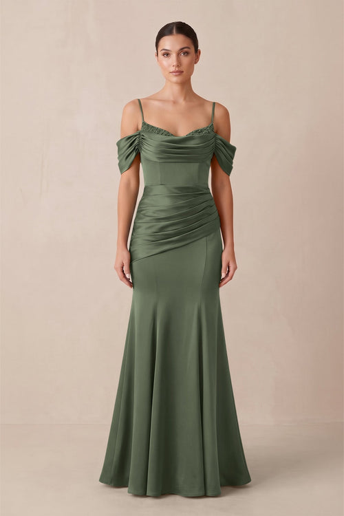 Off - the - Shoulder Mermaid Ruched Bridesmaid Dress in Thyme - KissProm Bridesmaid Dresses