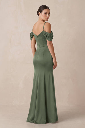 Off - the - Shoulder Mermaid Ruched Bridesmaid Dress in Thyme - KissProm Bridesmaid Dresses