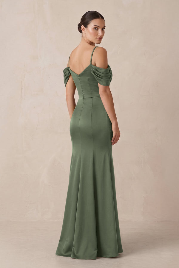 Off - the - Shoulder Mermaid Ruched Bridesmaid Dress in Thyme - KissProm Bridesmaid Dresses