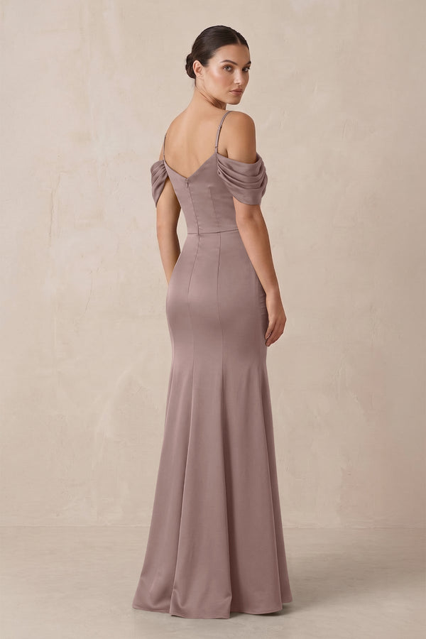 Off - the - Shoulder Mermaid Ruched Bridesmaid Dress in Toffee - KissProm Bridesmaid Dresses