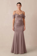 Off - the - Shoulder Mermaid Ruched Bridesmaid Dress in Toffee - KissProm Bridesmaid Dresses
