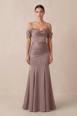 Off - the - Shoulder Mermaid Ruched Bridesmaid Dress in Toffee - KissProm Bridesmaid Dresses