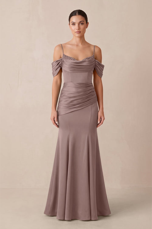Off - the - Shoulder Mermaid Ruched Bridesmaid Dress in Toffee - KissProm Bridesmaid Dresses