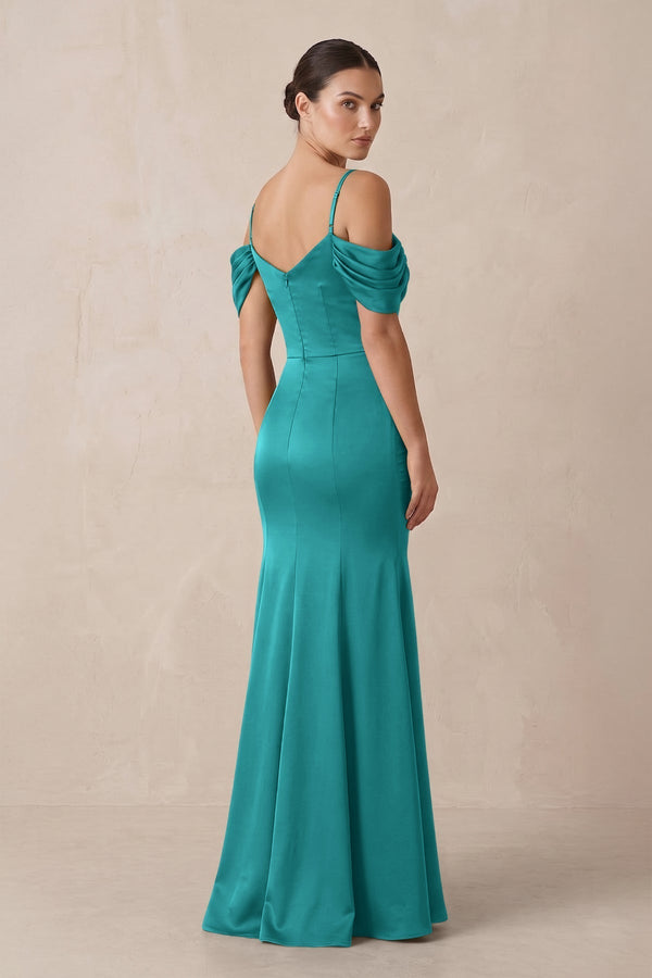 Off - the - Shoulder Mermaid Ruched Bridesmaid Dress in Turquoise - KissProm Bridesmaid Dresses