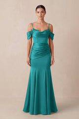 Off - the - Shoulder Mermaid Ruched Bridesmaid Dress in Turquoise - KissProm Bridesmaid Dresses