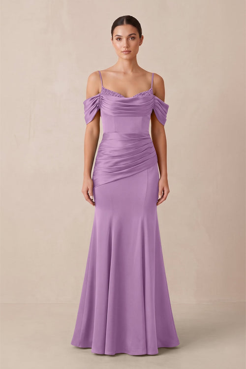 Off - the - Shoulder Mermaid Ruched Bridesmaid Dress in Vintage Mauve - KissProm Bridesmaid Dresses
