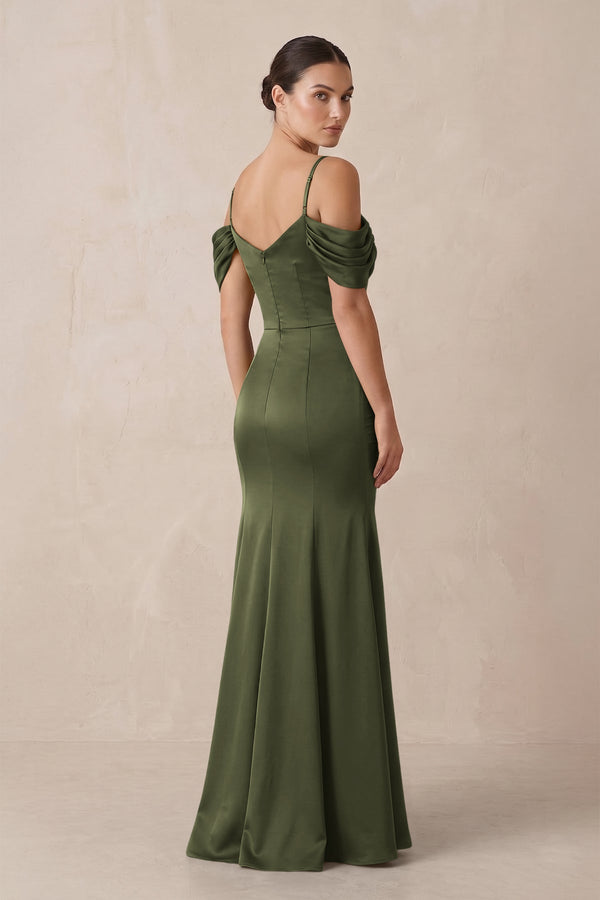 Off - the - Shoulder Mermaid Ruched Bridesmaid Dress in Willow Green - KissProm Bridesmaid Dresses