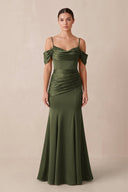 Off - the - Shoulder Mermaid Ruched Bridesmaid Dress in Willow Green - KissProm Bridesmaid Dresses