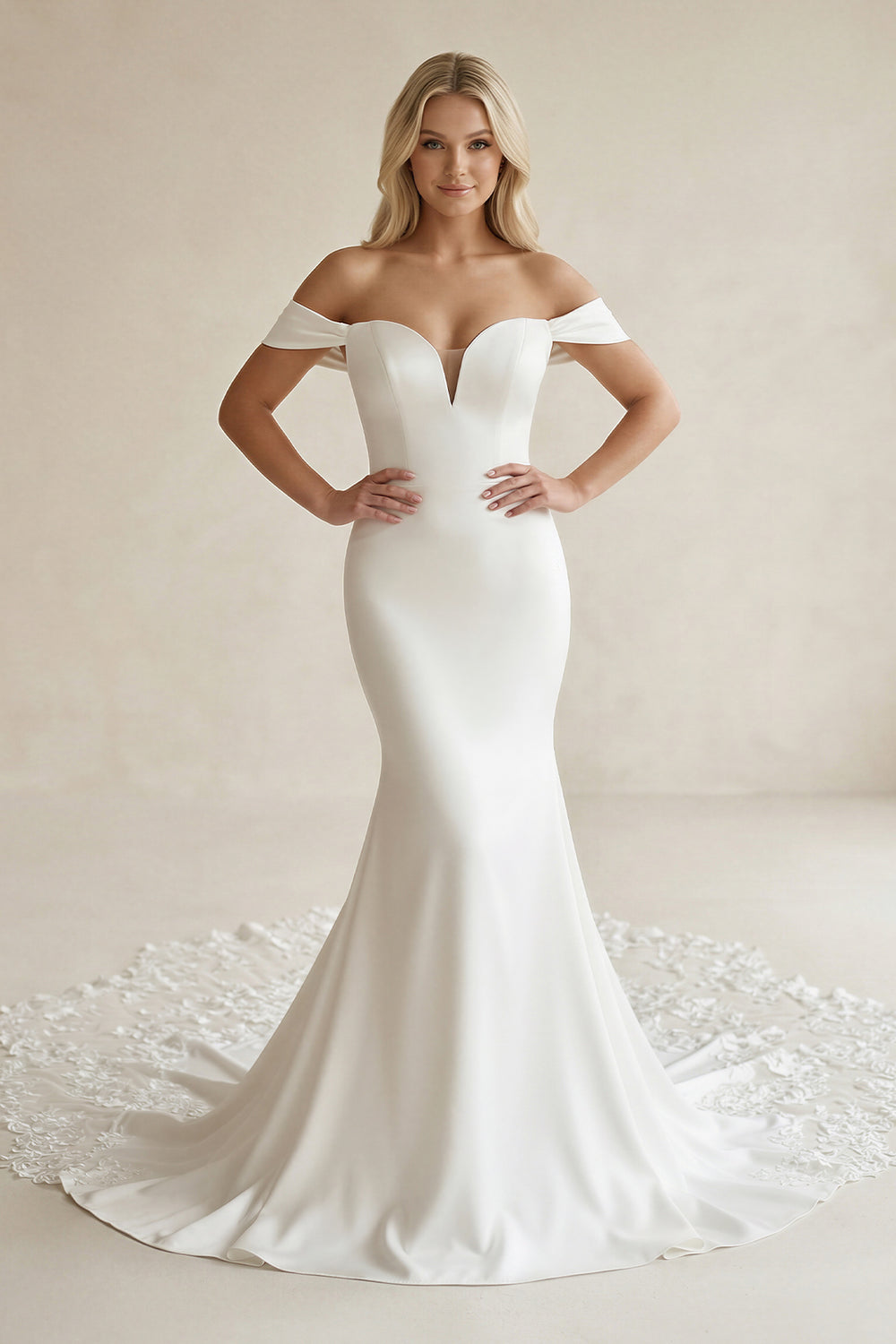 White Boho Mermaid Off the Shoulder Long Wedding Dress with Lace – Wedding Dresses by KissProm | Available at KissProm