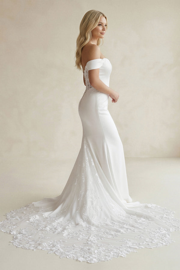 White Boho Mermaid Off the Shoulder Long Wedding Dress with Lace – Wedding Dresses by KissProm | Available at KissProm