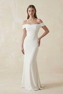Off-the-shoulder Elegant Mermaid Satin Wedding Dress With Tiers And V-back – Wedding Dresses by KissProm | Available at KissProm