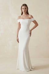 Off-the-shoulder Elegant Mermaid Satin Wedding Dress With Tiers And V-back – Wedding Dresses by KissProm | Available at KissProm