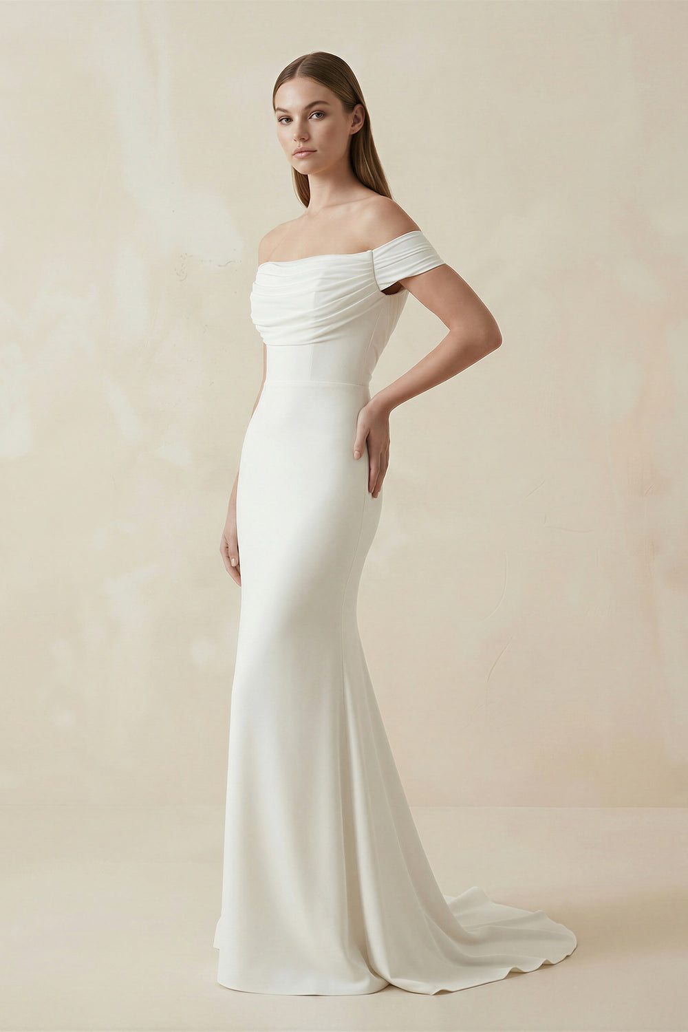 Off-the-shoulder Elegant Mermaid Satin Wedding Dress With Tiers And V-back – Wedding Dresses by KissProm | Available at KissProm
