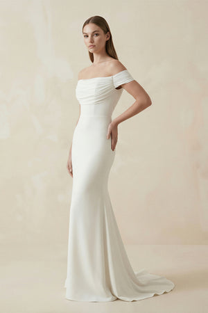 Off-the-shoulder Elegant Mermaid Satin Wedding Dress With Tiers And V-back – Wedding Dresses by KissProm | Available at KissProm