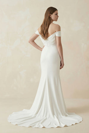 Off-the-shoulder Elegant Mermaid Satin Wedding Dress With Tiers And V-back – Wedding Dresses by KissProm | Available at KissProm
