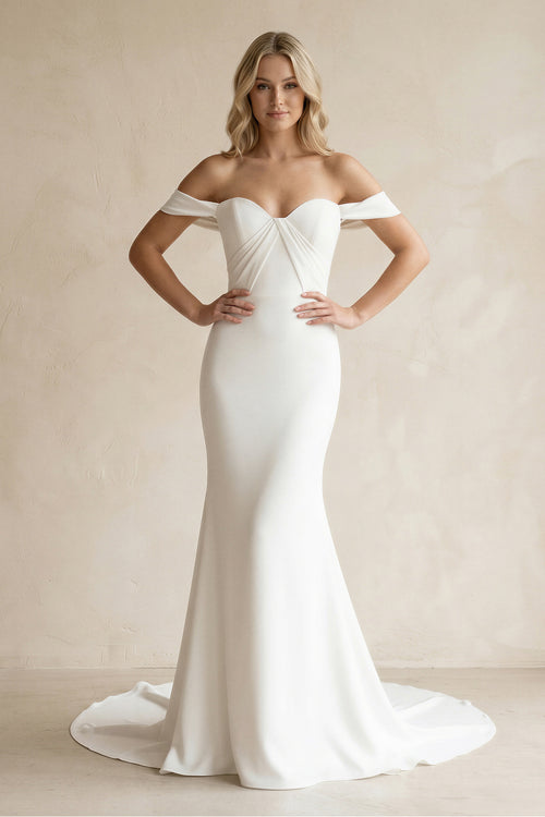 Simple White Mermaid Off-the-Shoulder Boho Wedding Dress, Diamond White / 12 Simple White Mermaid Off-the-Shoulder Boho Wedding Dress, Diamond White / 12