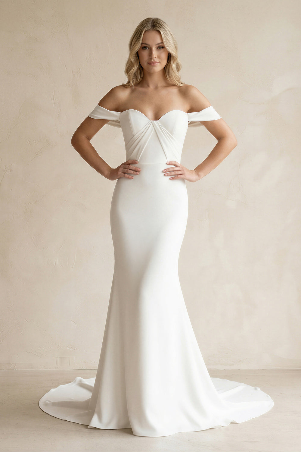Simple White Mermaid Off-the-Shoulder Boho Wedding Dress – Wedding Dresses by KissProm | Available at KissProm
