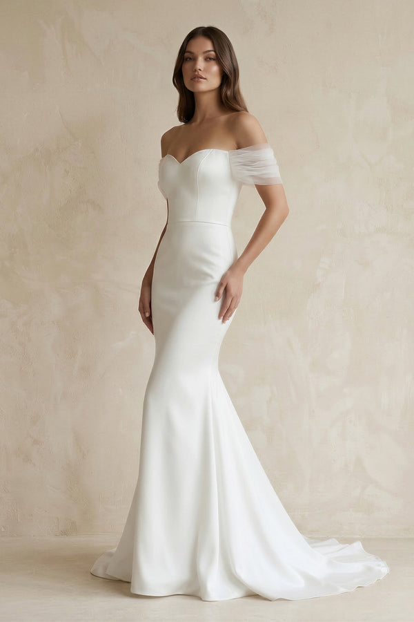 Off - the - Shoulder Mermaid Satin Wedding Dress in White - KissProm Wedding Dresses