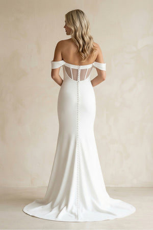 Simple White Mermaid Off-the-Shoulder Boho Wedding Dress – Wedding Dresses by KissProm | Available at KissProm