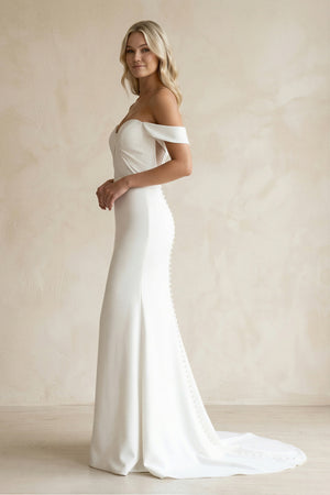 Simple White Mermaid Off-the-Shoulder Boho Wedding Dress – Wedding Dresses by KissProm | Available at KissProm