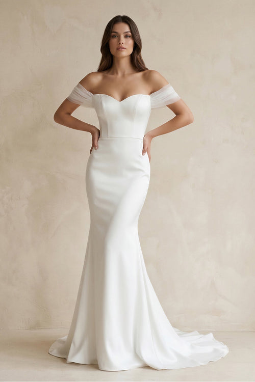 Off - the - Shoulder Mermaid Satin Wedding Dress in White - KissProm Wedding Dresses