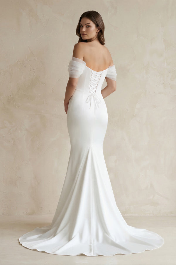 Off-the-Shoulder Mermaid Satin Wedding Dress in White
