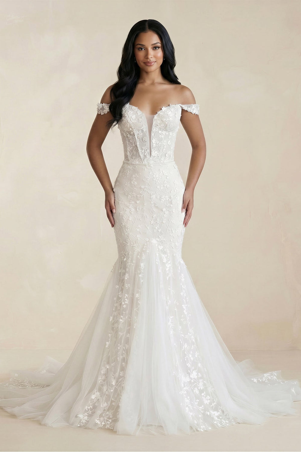 Amoura | Mermaid White Lace Sweep Train Long Wedding Dress with Appliques, White-Nude / 12