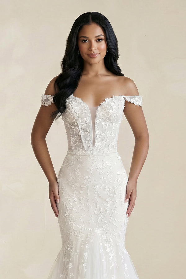 Amoura | Mermaid White Lace Sweep Train Long Wedding Dress with Appliques – Wedding Dresses by KissProm | Available at KissProm
