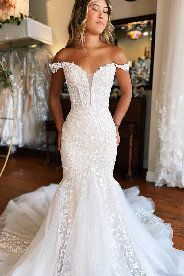 Amoura | Mermaid White Lace Sweep Train Long Wedding Dress with Appliques – Wedding Dresses by KissProm | Available at KissProm