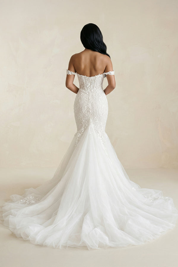 Amoura | Mermaid White Lace Sweep Train Long Wedding Dress with Appliques – Wedding Dresses by KissProm | Available at KissProm